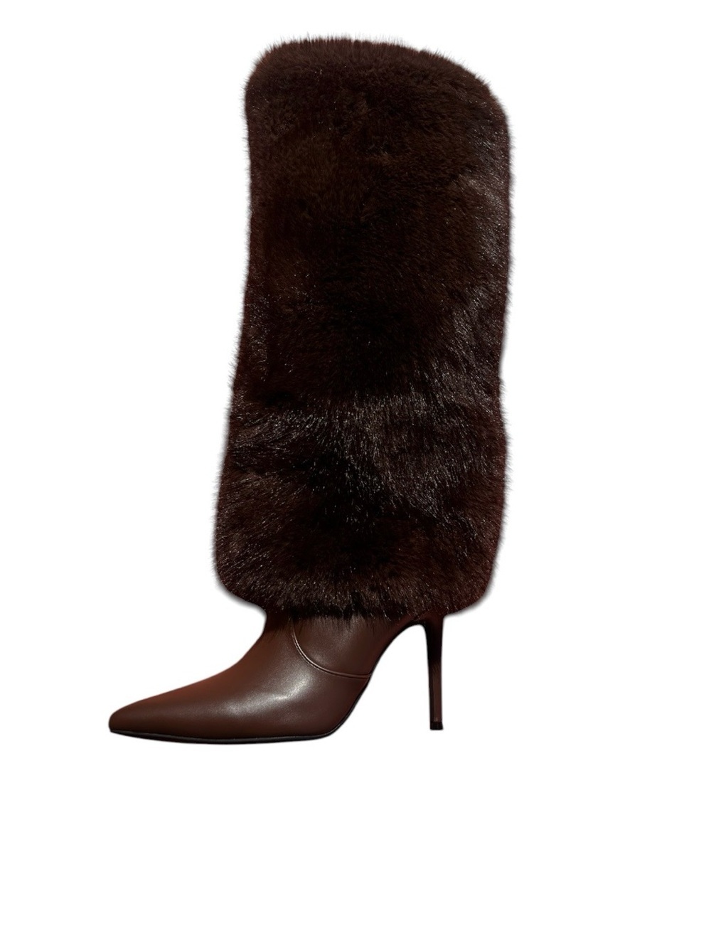 Women's Brown Fur Knee-High Stiletto Boot - Picture 6 of 8